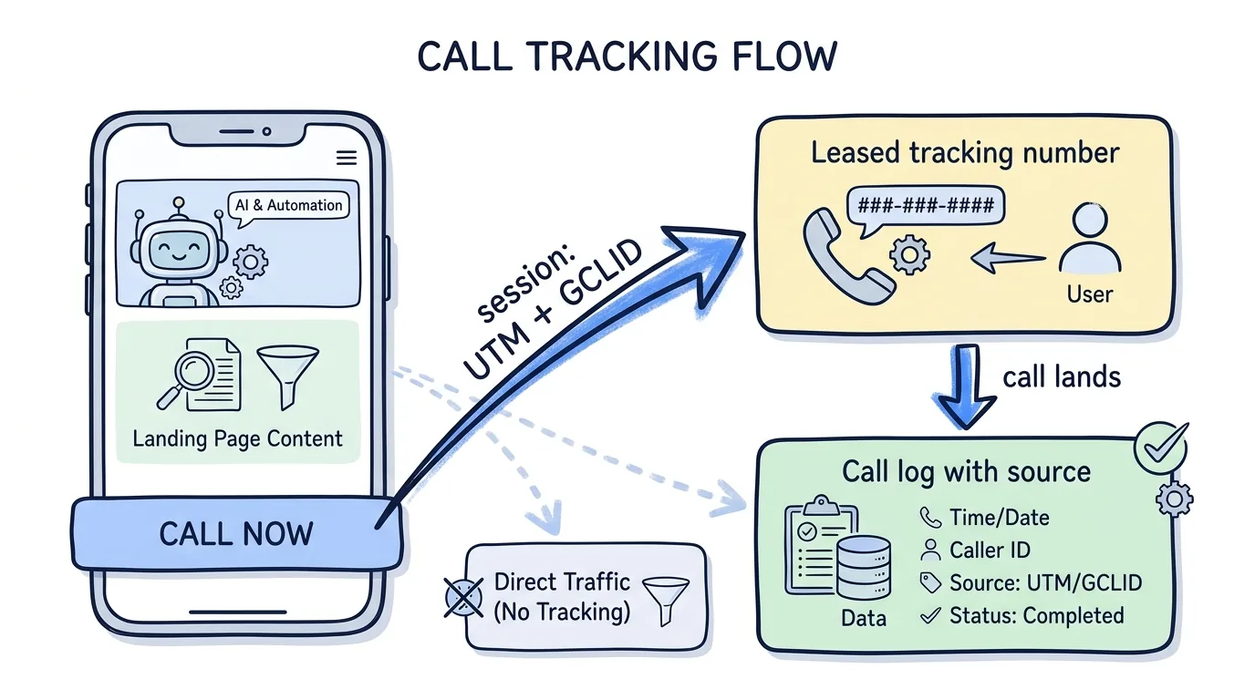 click-to-call attribution where a leased tracking number carries the visitor's UTM and GCLID onto the call log