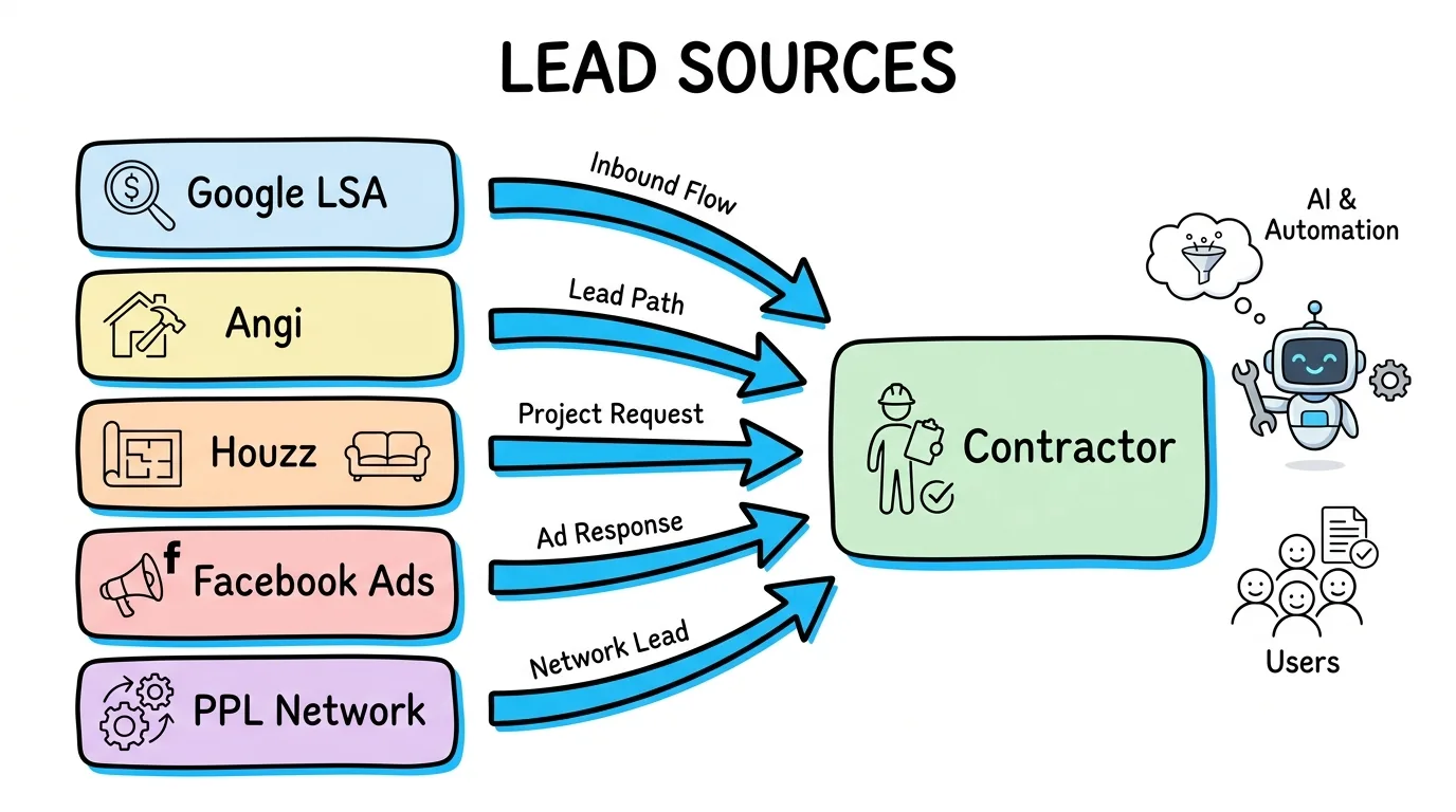 Construction leads sources compared showing Google Local Services Ads, Angi, Houzz, Facebook and pay per lead networks routing to a contractor