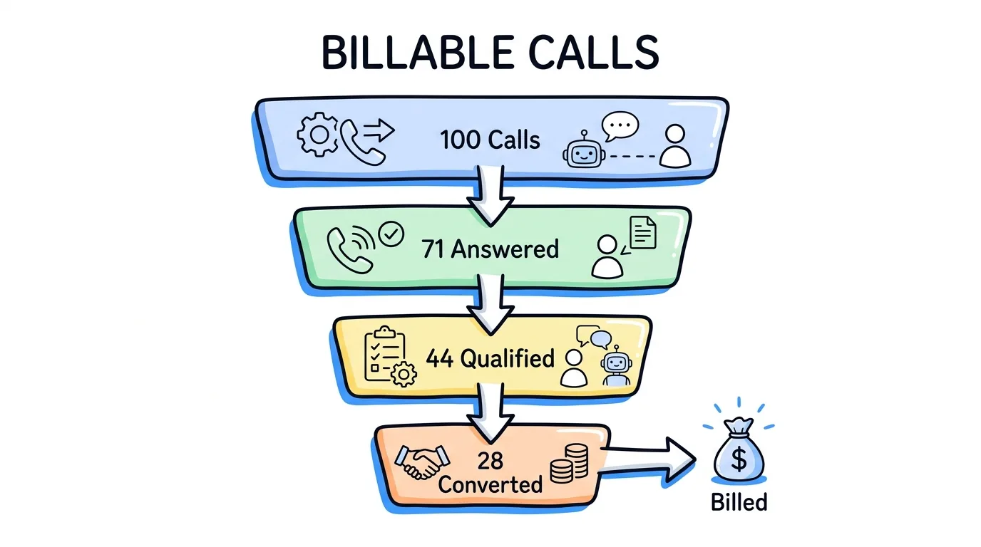 conversation intelligence software shown through a billable call funnel from 100 calls to 28 converted