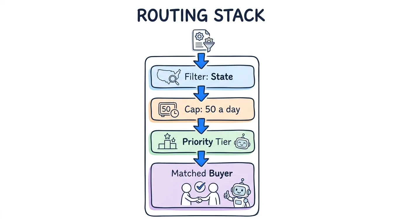 dynamic lead routing shown through a lead passing down a stack of a state filter, a daily cap, and a priority tier to reach a matched buyer