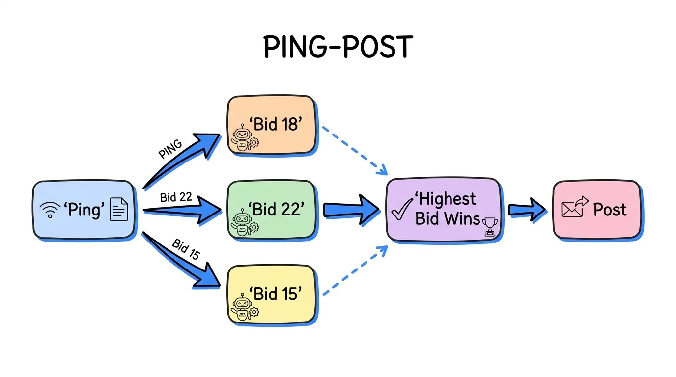 dynamic lead routing shown through a ping-post auction where three buyers bid and the highest bid wins the posted lead