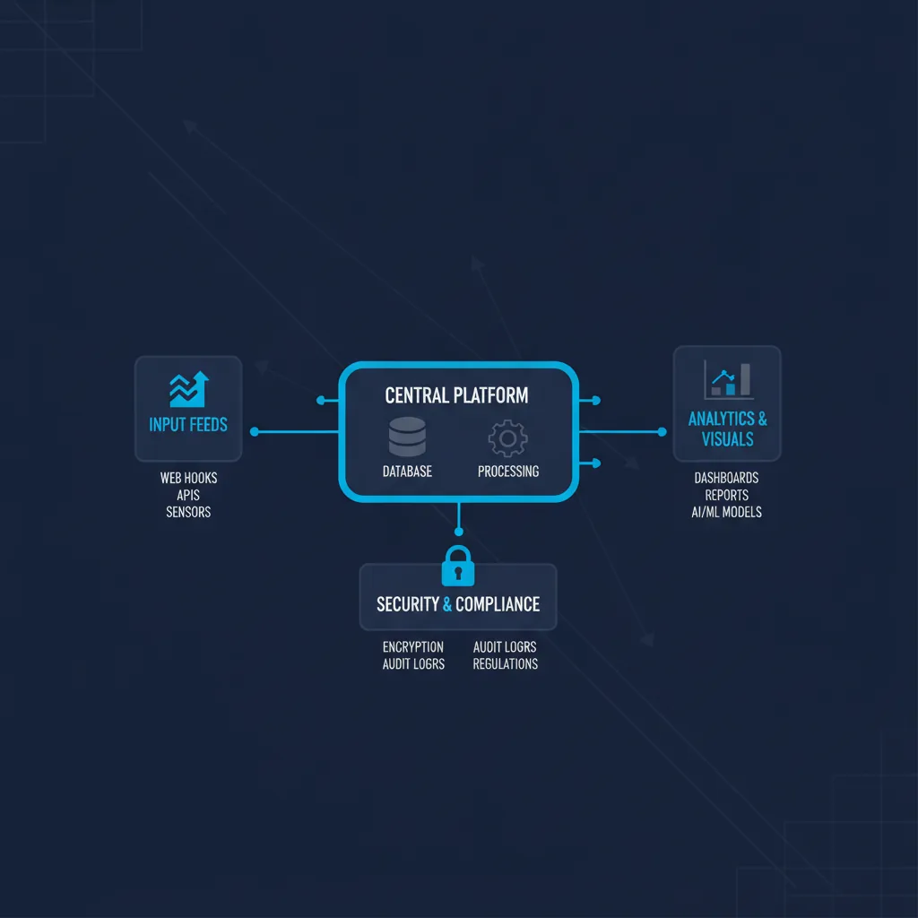 Diagram of a central platform connecting input feeds, analytics, and security and compliance