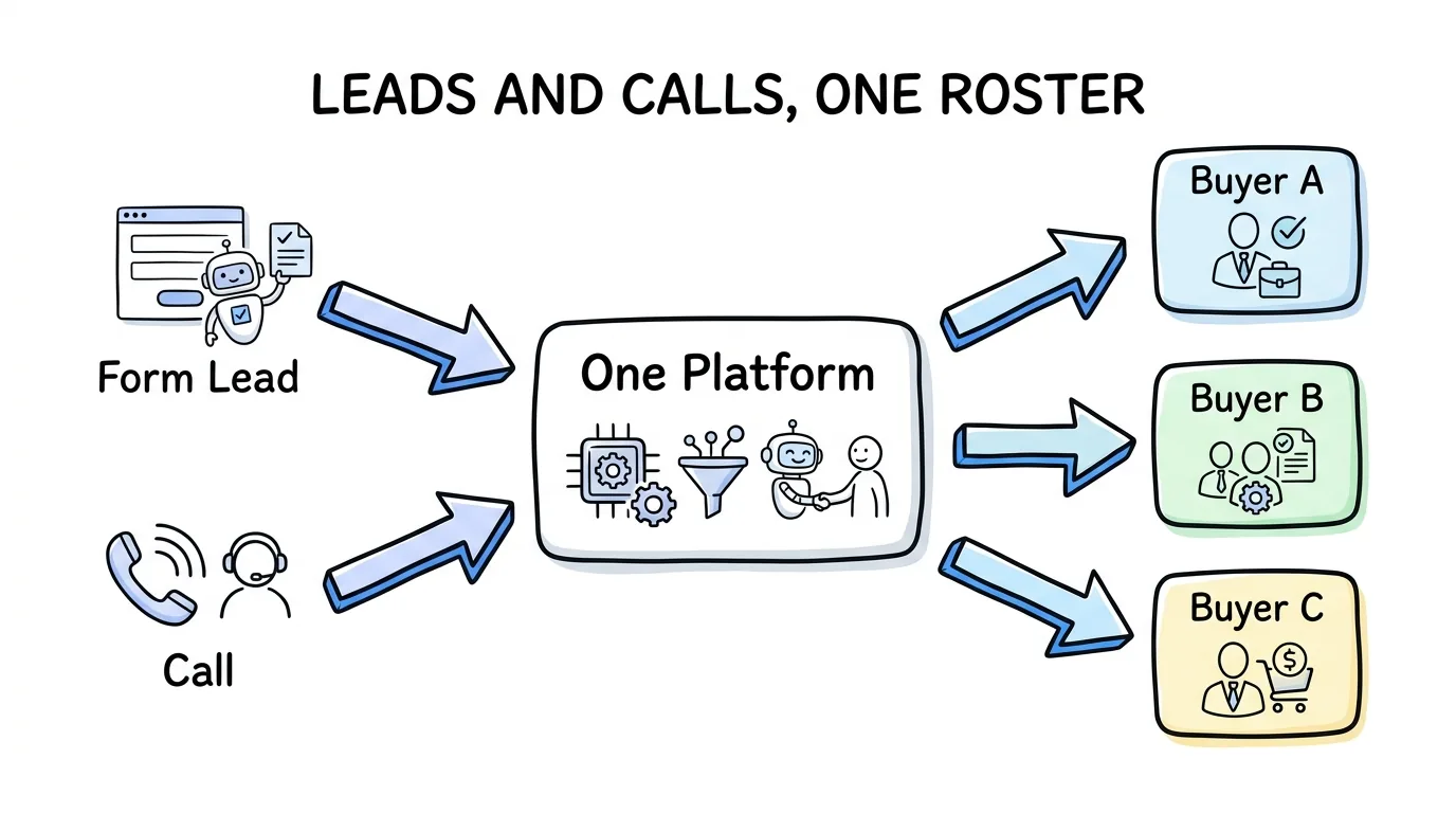 Best platform for managing leads and calls in one place shown through a diagram routing form leads and calls to shared buyers