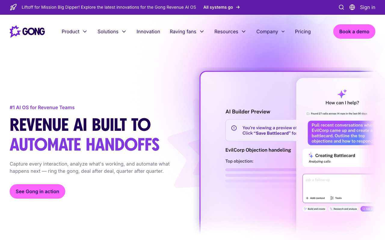 Gong homepage, revenue intelligence for sales teams