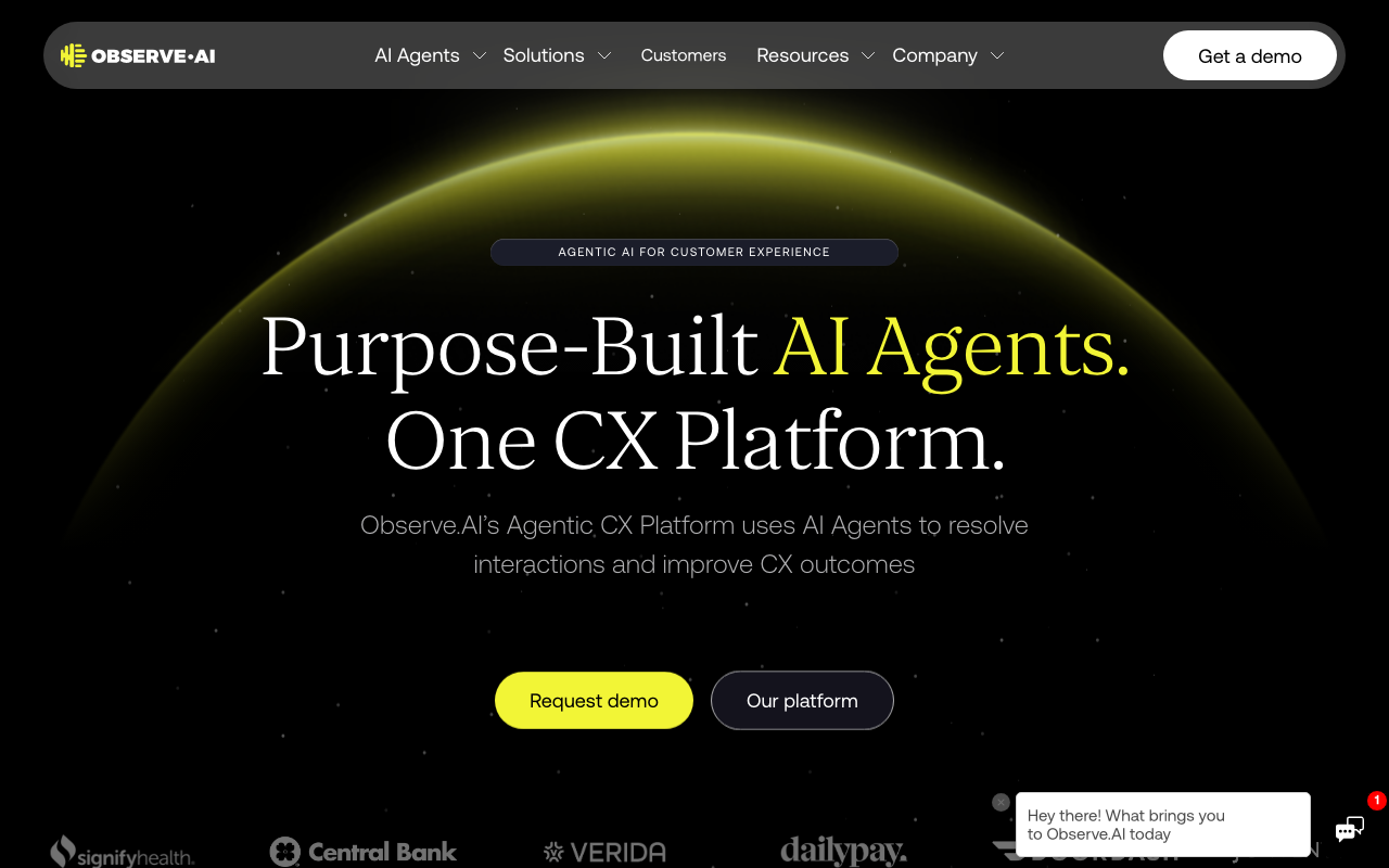 Observe.AI homepage, AI-powered contact center analytics and quality assurance