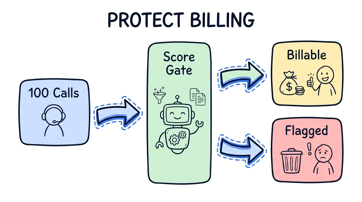 speech analytics software shown through a billing gate that filters flagged calls from billable calls