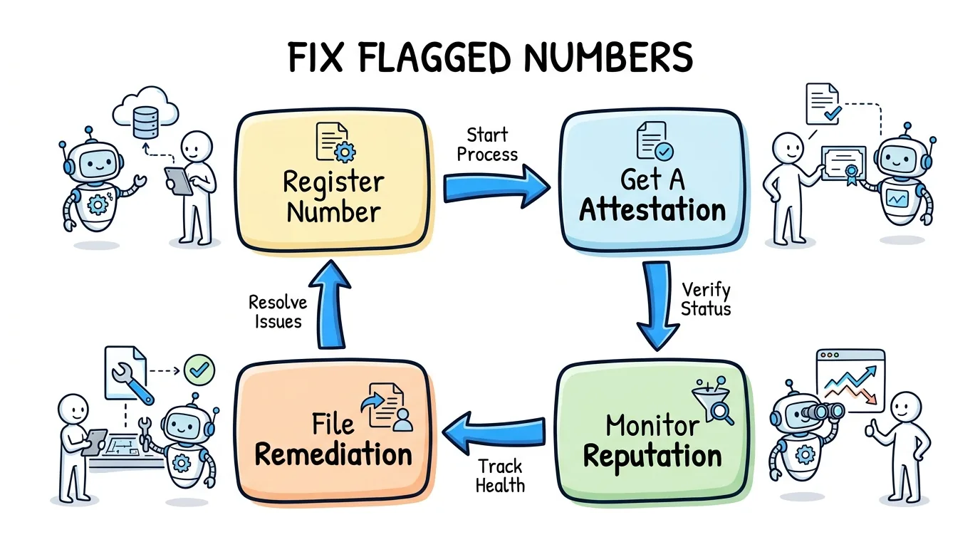 STIR/SHAKEN remediation loop showing register, attestation, monitor, and file steps for pay-per-call numbers