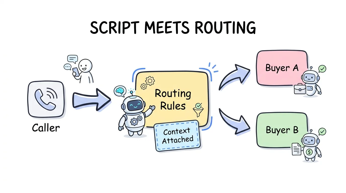 call transfer script paired with a routing platform that attaches caller context and connects the right buyer