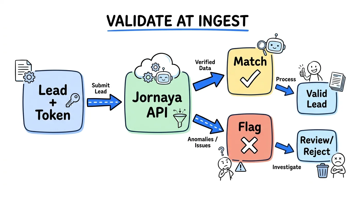 jornaya leadid shown being validated at ingest through the Jornaya API into match or flag